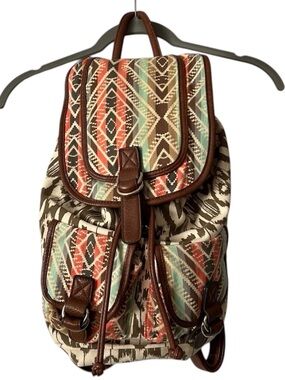 Call It Spring Aztec Canvas Backpack in Brown, Coral & Teal